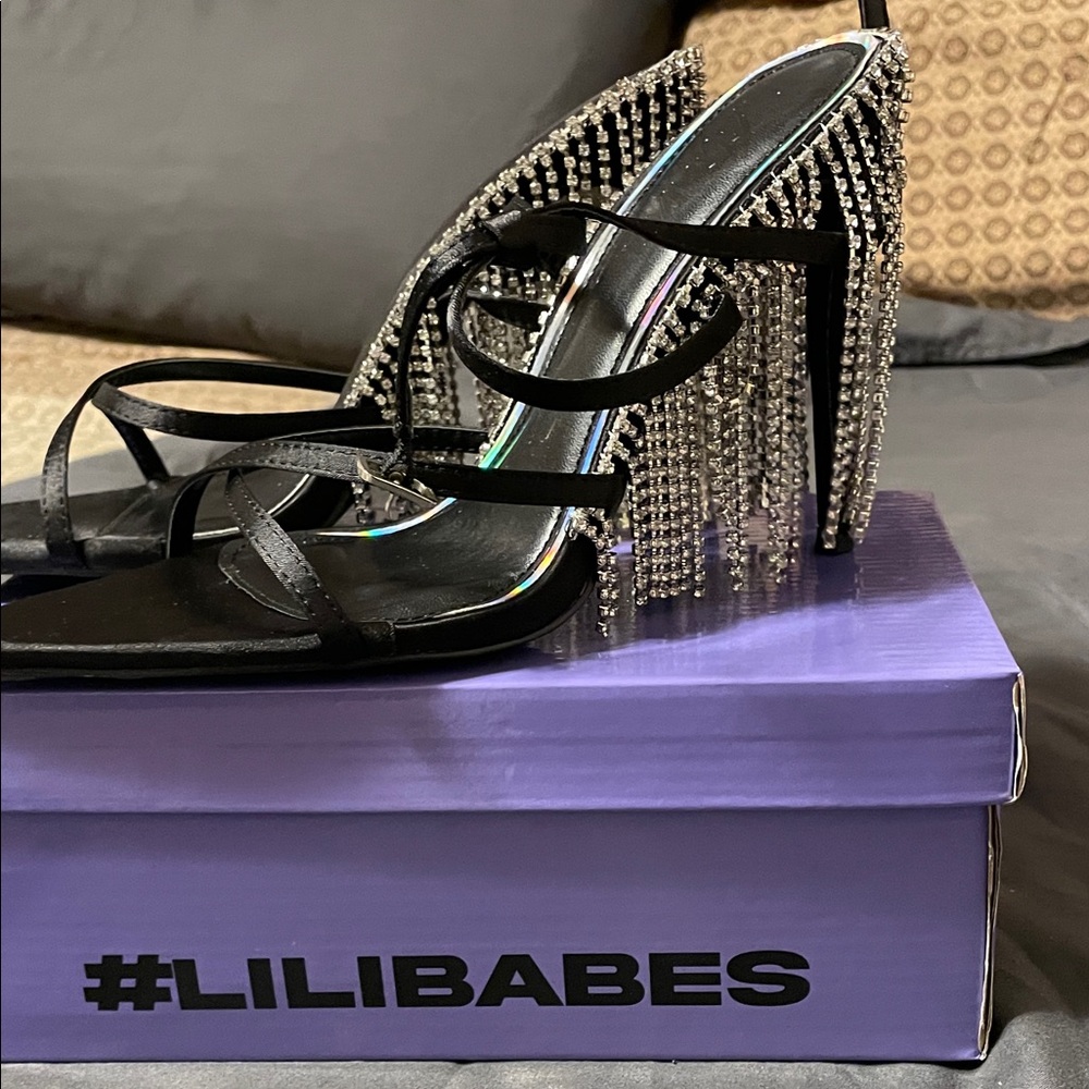 Black Strappy Heels with Silver Rhinestone Fringe